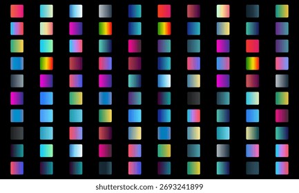 Um plano de fundo vibrante com uma grade de quadrados gradientes coloridos em um plano de fundo preto.