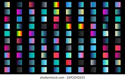 Um plano de fundo vibrante com uma grade de quadrados gradientes coloridos em um plano de fundo preto.