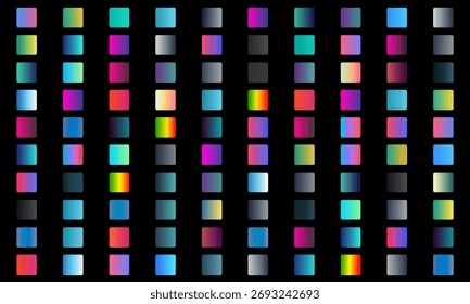 Um plano de fundo vibrante com uma grade de quadrados gradientes coloridos em um plano de fundo preto.