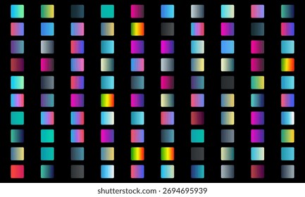 Um plano de fundo vibrante com uma grade de quadrados gradientes coloridos em um plano de fundo preto.