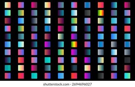 Um plano de fundo vibrante com uma grade de quadrados gradientes coloridos em um plano de fundo preto.