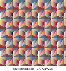 Un fondo vibrante con una disposición simétrica de triángulos y rombos de colores en un estilo geométrico moderno.