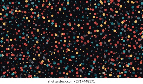 Vibrant background filled with dense multicolored confetti dots in shades of red, yellow, teal, and blue on black.