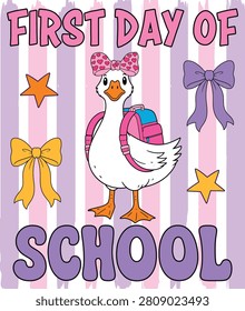 A vibrant back-to-school illustration featuring a cheerful goose character with a backpack, decorated with bows and stars on a purple and pink striped backdrop.