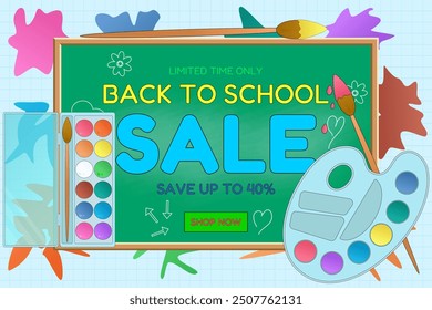 Vibrant back-to-school sale banner featuring art supplies, colorful leaves, and a discount offer. Perfect for seasonal promotions.