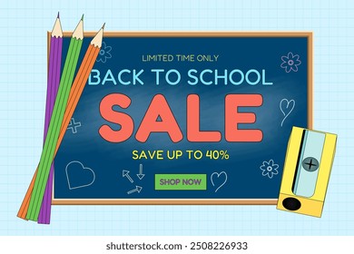 Banner de venda vibrante de volta à escola com lápis coloridos, apontador e quadro-negro. Ideal para promoções educacionais.