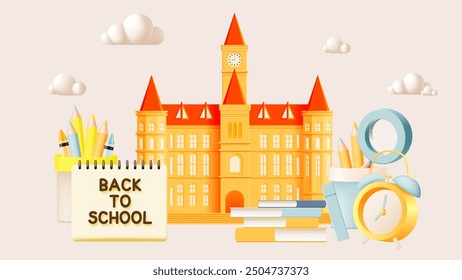 A vibrant back-to-school scene featuring a school building with red roofs, surrounded by pencils, books, and an alarm clock. The image captures the excitement of returning to school.