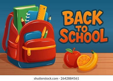 Vibrant back-to-school scene with a shiny red backpack full of books, pencils and ruler, bold “Back to School” lettering, and an apple-banana-orange snack on a wooden desk