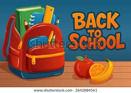 Vibrant back-to-school scene with a shiny red backpack full of books, pencils and ruler, bold “Back to School” lettering, and an apple-banana-orange snack on a wooden desk