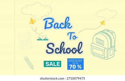 A vibrant back-to-school web banner featuring school supplies. Perfect for educational websites, school promotions, classroom posters, or children's learning materials.