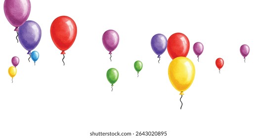 Vibrant balloons in red, green, purple, blue, and yellow float gracefully on a white background. Perfect for party invitations, festive decor, and cheerful celebrations.