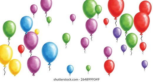 Vibrant balloons in red, green, purple, blue, and yellow float gracefully on a white background. Perfect for party invitations, festive decor, and cheerful celebrations.