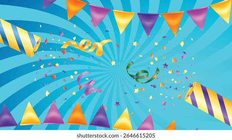 Ballons vibrants et bruants triangulaires sur fond orange scintillant avec des rayons, créant un thème de célébration dynamique.