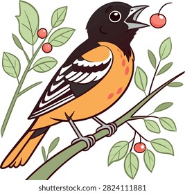 Vibrant Baltimore oriole bird, perched on a branch, eating ripe cherries. Detailed illustration, colorful, isolated on transparent background.