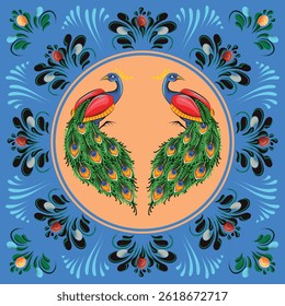 A vibrant Bangladeshi rickshaw art style vector featuring two ornate peacocks with floral motifs, ideal for festive decorations, creative designs, and cultural artwork projects. Floral Patterns. 