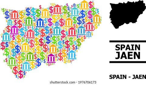 Vibrant bank and business mosaic and solid map of Jaen Spanish Province. Map of Jaen Spanish Province vector mosaic for ads campaigns and doctrines.