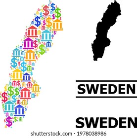 Vibrant bank and business mosaic and solid map of Sweden. Map of Sweden vector mosaic for promotion campaigns and agitation. Map of Sweden is created with vibrant bank and dollar ojects.