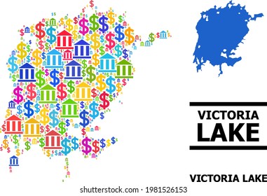 Vibrant bank and business mosaic and solid map of Victoria Lake. Map of Victoria Lake vector mosaic for business campaigns and promotion.
