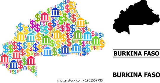 Vibrante mosaico bancario y comercial y sólido mapa de Burkina Faso. Mapa del mosaico vectorial de Burkina Faso para campañas de anuncios y propósitos. El mapa de Burkina Faso está compuesto de objetos coloridos en bancos y dólares.