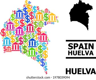 Vibrant bank and dollar mosaic and solid map of Huelva Province. Map of Huelva Province vector mosaic for geographic campaigns and doctrines.