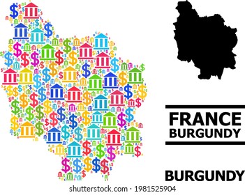Vibrante banco y dólar mosaico y sólido mapa de la provincia de Borgoña. Mapa del mosaico vectorial de la provincia de Borgoña para campañas publicitarias y agitprop.