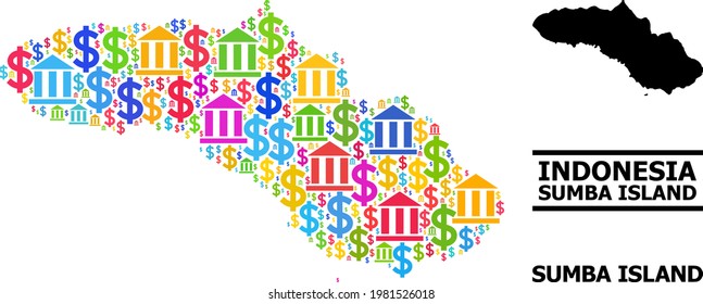 Lebhafte Bank- und Dollarmosaik und solide Karte der Insel Sumba. Karte von Sumba Island, Vektormosaik für BIP-Kampagnen und Anwendungen.