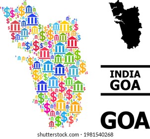 Vibrant bank and dollar mosaic and solid map of Goa State. Map of Goa State vector mosaic for advertisement campaigns and promotion.