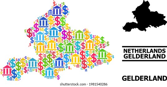 Vibrant bank and dollar mosaic and solid map of Gelderland Province. Map of Gelderland Province vector mosaic for business campaigns and promotion.