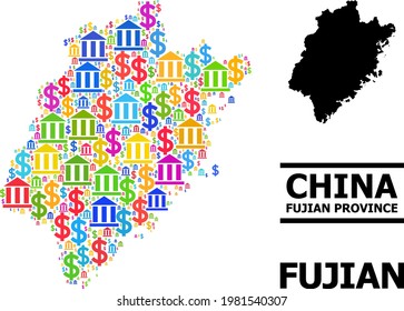 Vibrante banco y dólar mosaico y sólido mapa de la provincia de Fujian. Mapa del mosaico vectorial de la provincia de Fujian para campañas publicitarias y propaganda.