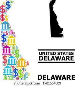 Vibrant bank and dollar mosaic and solid map of Delaware State. Map of Delaware State vector mosaic for promotion campaigns and promotion.