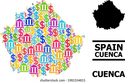 Lebhafte Bank- und Dollarmosaik und solide Karte der Provinz Cuenca. Karte der Provinz Cuenca Vektor Mosaik für Geschäftskampagnen und Zwecke.