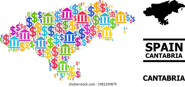 Vibrant bank and dollar mosaic and solid map of Cantabria Province. Map of Cantabria Province vector mosaic for advertisement campaigns and applications.