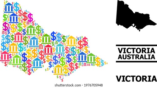 Vibrant bank and economics mosaic and solid map of Australian Victoria. Map of Australian Victoria vector mosaic for ads campaigns and projects.