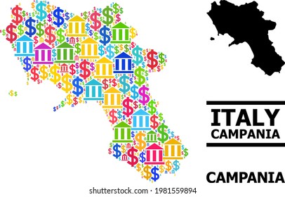 Vibrant banking and dollar mosaic and solid map of Campania region. Map of Campania region vector mosaic for promotion campaigns and doctrines.