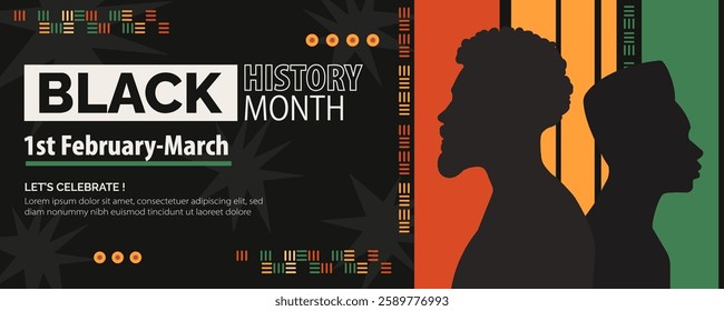 A vibrant banner celebrating Black History Month featuring silhouettes and colorful patterns, perfect for events from February to March.