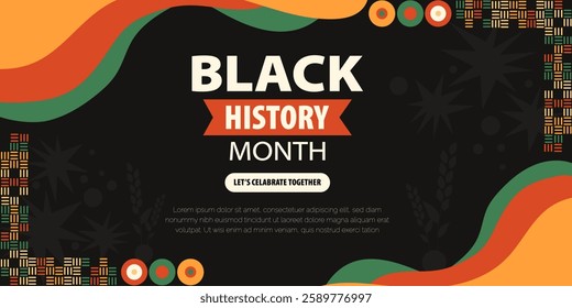 A vibrant banner celebrating Black History Month with colorful patterns and silhouettes, perfect for events and educational materials.