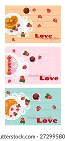 Vibrante colección de Anuncio con ideas para desayunar. Escenarios encantadores con comida. Decoraciones para el día de San Valentín, panadería, cafetería, restaurante. Panqueques de frutas, avena, croissant, yogur. Ilustración vectorial. 