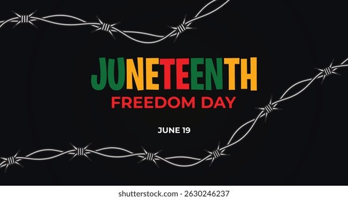 A vibrant banner design celebrating Juneteenth Freedom Day, featuring bold typography and traditional Pan African colors.