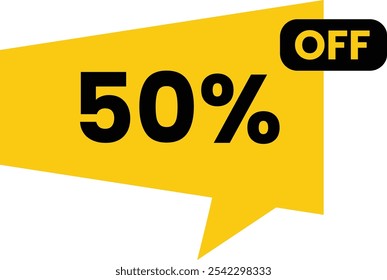 A vibrant banner displaying 50% off within a yellow speech bubble, emphasizing a promotional offer