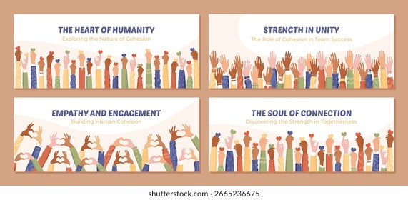 Lebendige Banner mit verschiedenen Händen im flachen Style-Set. Gemeinschaft von Menschen, die durch Teamarbeit und Solidarität vereint sind. Farbiger Hintergrund mit Herzthemen und menschlicher Verbindung.