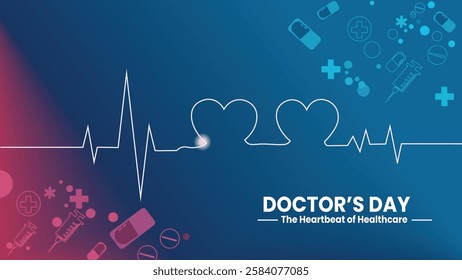 A vibrant banner for Doctor's Day featuring a heartbeat monitor line transforming into a heart shape, symbolizing the essential role doctors play in healthcare, 