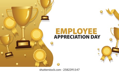 A vibrant banner for Employee Appreciation Day, featuring golden trophies, ribbons, and medals to honor the dedication and hard work of employees.