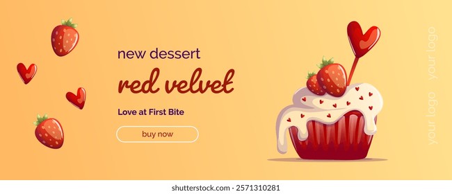 A vibrant banner featuring a Red Velvet cupcake with white frosting, red sprinkles, and a juicy strawberry on top. The design includes text, making it perfect for dessert promotions, bakery ads