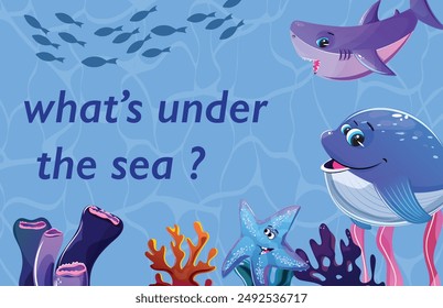 Vibrant banner featuring underwater animals like a starfish, shark, and whale, with seagrass at the bottom of the frame