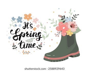 The vibrant banner with a green boot adorned with colorful flowers and a cheerful It's Spring Time message, capturing the essence of spring's beauty and renewal