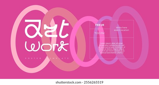 Vibrant banner highlighting bold geometric shapes and trendy text. Curved patterns join minimalist style, ideal for artistic exhibitions or modern cultural gatherings