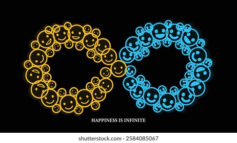 A vibrant banner showcasing two infinity loops made of smiling faces, representing the endless nature of happiness and how it multiplies infinitely.