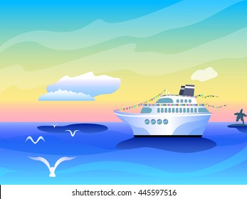 Vibrant banner template with cruise liner ship, white clouds and seagull over sea, vibrant optimistic sea landscape with the glamour cruise liner and tropical paradise nature, summer holiday vector