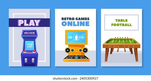 Vibrant Banners Adorned With Iconic Retro Game Machines and Table Soccer, Radiating Nostalgic Charm Of Gaming Memories