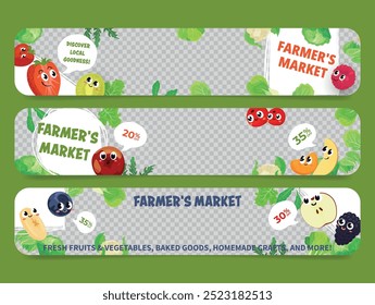 Banners vibrantes exibem informações sobre um mercado de agricultores, destacando produtos frescos, assados e descontos atraentes, convidando o envolvimento da comunidade.